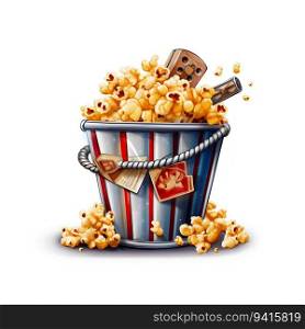 Cartoon Bucket of Popcorn with Movie Film Reel on White Background. Generative ai. High quality illustration. Cartoon Bucket of Popcorn with Movie Film Reel on White Background. Generative ai