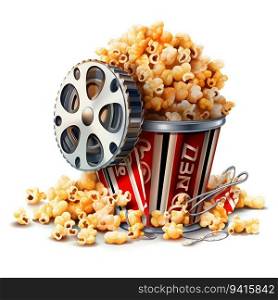 Cartoon Bucket of Popcorn with Movie Film Reel on White Background. Generative ai. High quality illustration. Cartoon Bucket of Popcorn with Movie Film Reel on White Background. Generative ai