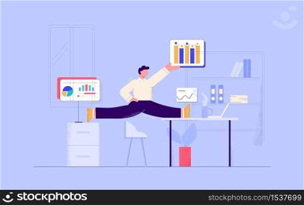 Cartoon businessman gymnastic working at office with graph and diagram vector flat illustration. Business male having flexible work time schedule at workplace isolated. Balance and planning concept. Cartoon businessman gymnastic working at office with graph and diagram vector flat illustration