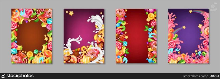 Cartoon candy posters. Background templates with sweets and desserts for kids, chocolate and caramel cakes lollipops and cookies. Vector template colourful banner set. Cartoon candy posters. Background templates with sweets and desserts for kids, chocolate and caramel cakes lollipops and cookies. Vector banner set