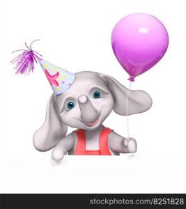 Cartoon character elephan  with balloon behind poster isolated 3d rendering