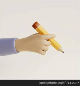 Cartoon character hand holding yellow pencil. 3d render illustration.