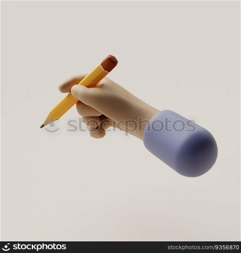 Cartoon character hand holds pencil or digital pen. Writing or drawing. 3d render illustration