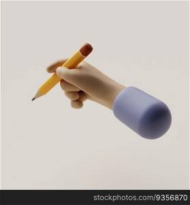 Cartoon character hand holds pencil or digital pen. Writing or drawing. 3d render illustration
