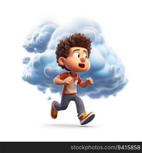 Cartoon Character Running Away from Clouds on White Background. Generative ai. High quality illustration. Cartoon Character Running Away from Clouds on White Background. Generative ai