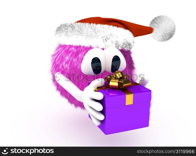 Cartoon character with present. 3d computer gererated image