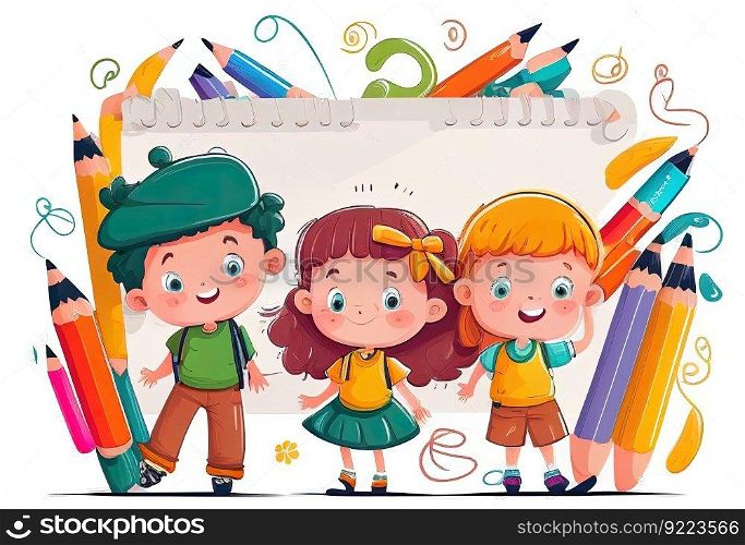 Cartoon children and colored pencils illustration. AI generative.