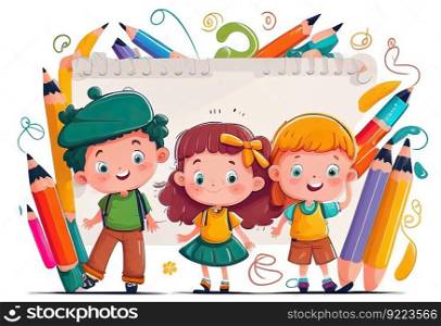 Cartoon children and colored pencils illustration. AI generative.