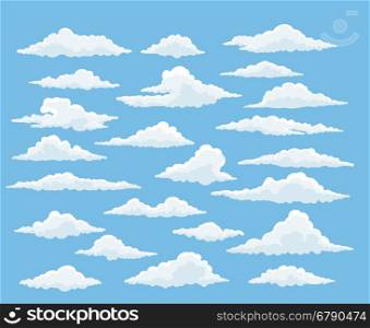 Cartoon cloud vector set. Blue sky with white clouds