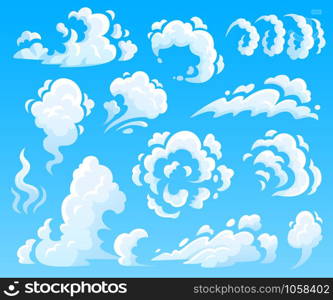 Cartoon clouds and smoke. Dust cloud, fast action icons. Sky, puff steam or air fog. Atmosphere cloudscape explosion weather vector isolated illustration collection. Cartoon clouds and smoke. Dust cloud, fast action icons. Sky vector isolated illustration collection