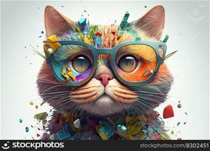 Cartoon colorful cat with sunglasses on white background. Created with  generative ai