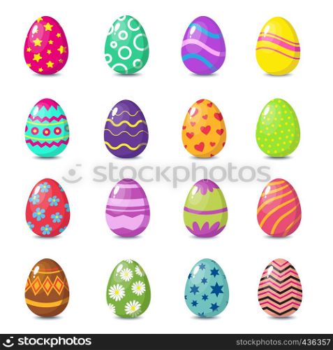 Cartoon colorful easter eggs with floral patterns isolated vector set. Easter egg for holiday spring with pattern flower and heart illustration. Cartoon colorful easter eggs with floral patterns isolated vector set
