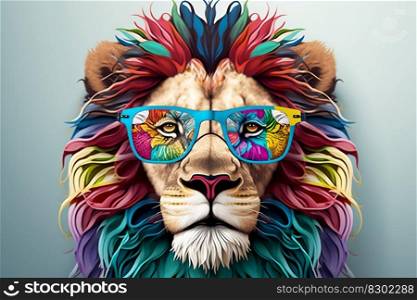 Cartoon colorful lion with sunglasses on white background. Created with generative A