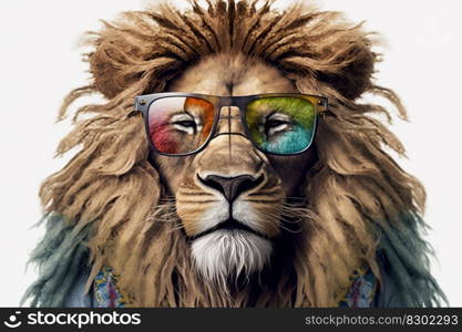Cartoon colorful lion with sunglasses on white background. Created with generative A