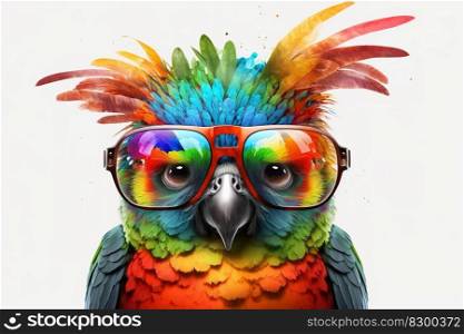 Cartoon colorful parrot with sunglasses on white background. Generative ai
