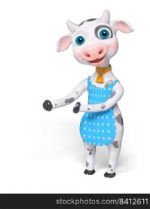 Cartoon cow showing or pointing something with hands isolated 3d rendering
