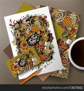 Cartoon cute colorful vector hand drawn doodles cafe, tea, coffee corporate identity set. Templates design of business card, flyers, posters, papers on the table. . Cartoon doodles cafe, tea, coffecorporate identity set