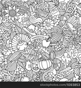 Cartoon cute doodles hand drawn Happy Thanksgiving seamless pattern. Line art detailed, with lots of objects background. Endless funny vector illustration. All objects separate.. Cartoon cute doodles hand drawn Happy Thanksgiving seamless pattern