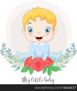 Cartoon cute little baby boy with flowers background
