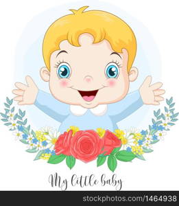 Cartoon cute little baby boy with flowers background