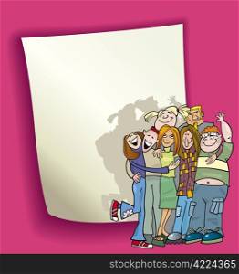 cartoon design illustration with blank page and funny teenagers group