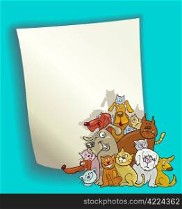 cartoon design illustration with blank page and group of cats and dogs