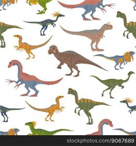 Cartoon dinosaur characters vector seamless pattern. Prehistoric dino monsters background. Dinosaur animals, funny velociraptor, oviraptor, dilophosaurus and carnotaurus, kompi and patchi backdrop. Cartoon dinosaur or dino animals seamless pattern