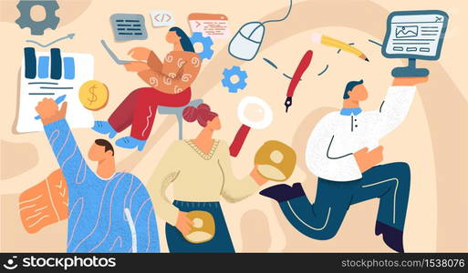 Cartoon doodle people at company work project isolated. Different man and woman office workers with corporate equipment and tools vector flat illustration. Team of modern creative person. Cartoon doodle people at company work project isolated. Team of modern creative person