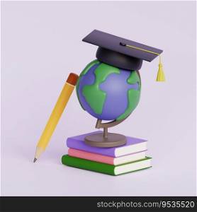 Cartoon earth globe with graduation hat on stack of books, pencil. Concept of education and knowledge. 3d render illustration