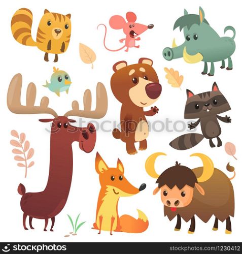 Cartoon forest animal characters. Wild cartoon cute animals set. Big set of cartoon forest animals flat vector illustration design. Squirrel, buffalo,raccoon, mouse, fox,deer or moose, bear