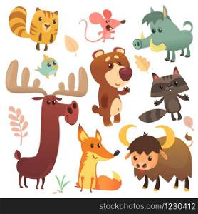 Cartoon forest animal characters. Wild cartoon cute animals set. Big set of cartoon forest animals flat vector illustration design. Squirrel, buffalo,raccoon, mouse, fox,deer or moose, bear