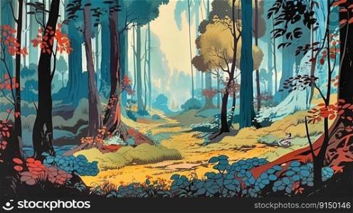 Cartoon forest background created by generative AI