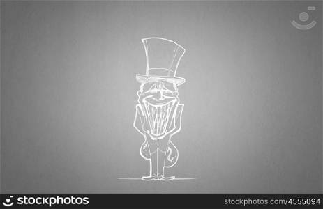 Cartoon funny man. Caricature of funny banker man on gray background