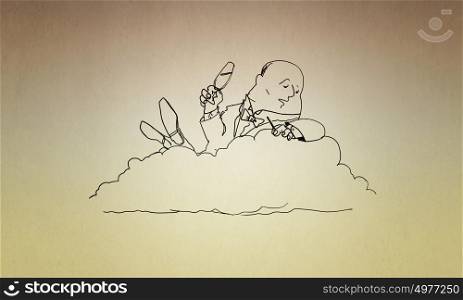 Cartoon funny man. Caricature of funny banker man relaxing on cloud