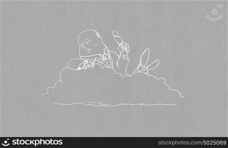 Cartoon funny man. Caricature of funny banker man relaxing on cloud
