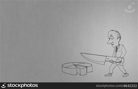 Cartoon funny man. Caricature of funny businessman cutting diagram pie with knife