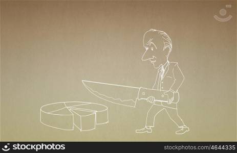 Cartoon funny man. Caricature of funny businessman cutting diagram pie with knife