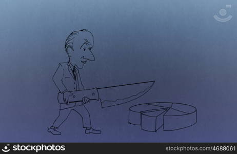 Cartoon funny man. Caricature of funny businessman cutting diagram pie with knife