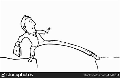 Cartoon funny man. Caricature of funny businessman making step above gap