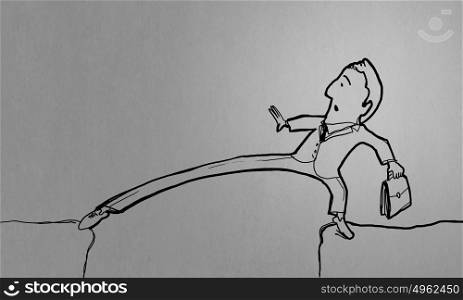 Cartoon funny man. Caricature of funny businessman making step above gap