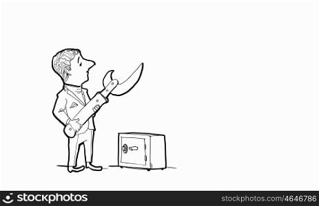 Cartoon funny man. Caricature of funny businessman opening safe with knife