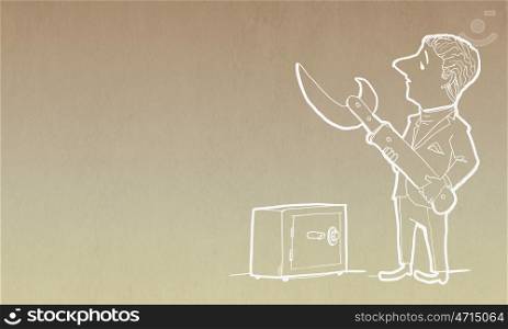 Cartoon funny man. Caricature of funny businessman opening safe with knife
