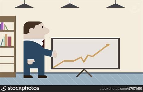 Cartoon funny man. Caricature of funny businessman preseting growth concept