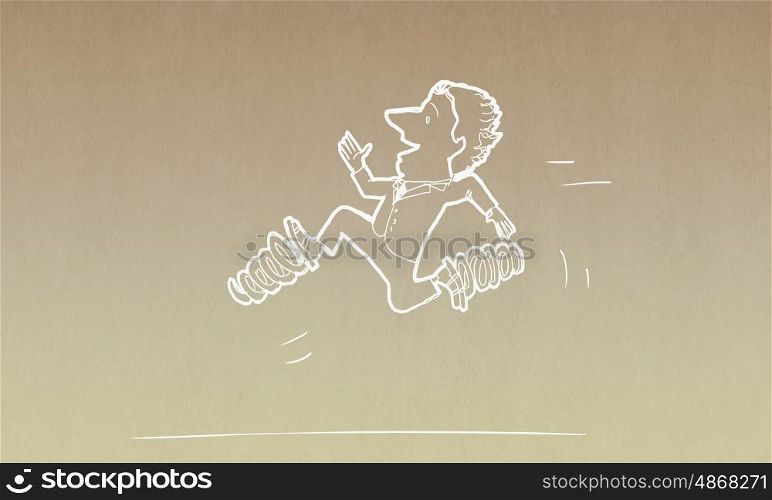 Cartoon funny man. Caricature of funny businessman running with springs on legs