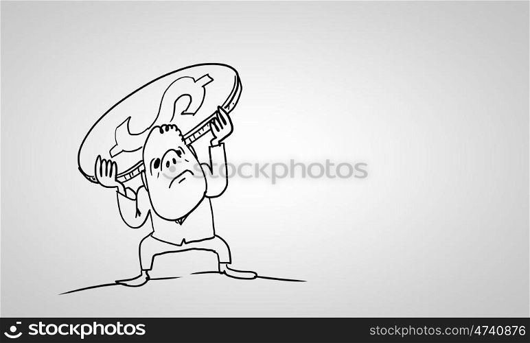 Cartoon funny man. Caricature of funny businessman with coin on back on white background