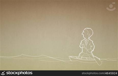 Cartoon funny man. Caricature of funny businessman with paddle floating on boat