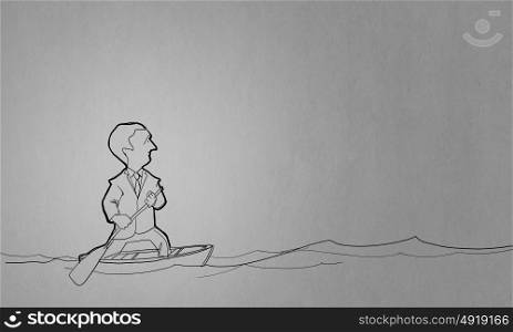 Cartoon funny man. Caricature of funny businessman with paddle floating on boat