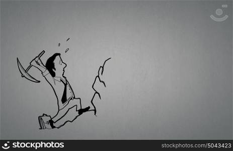Cartoon funny man. Caricature of funny businessman with pick in hands