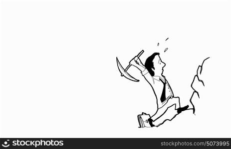 Cartoon funny man. Caricature of funny businessman with pick in hands