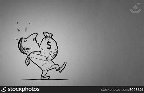 Cartoon funny man. Caricature of funny man carrying money bag on white background